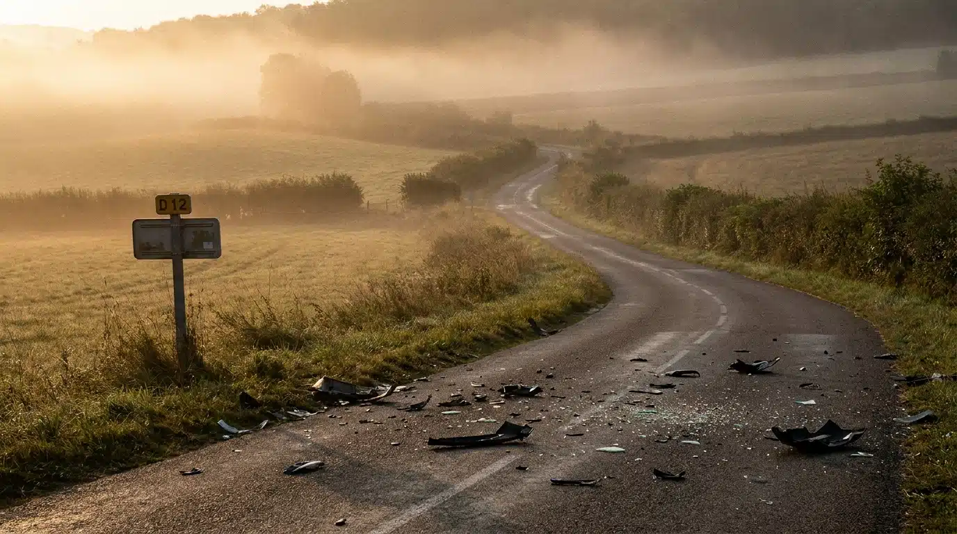 Débris de voiture éparpillés sur une route de campagne à l'aube