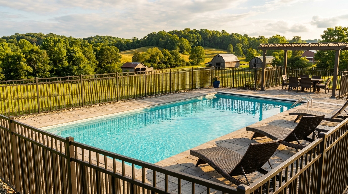 Piscine rénovée avec eau claire et barrière de sécurité dans un jardin
