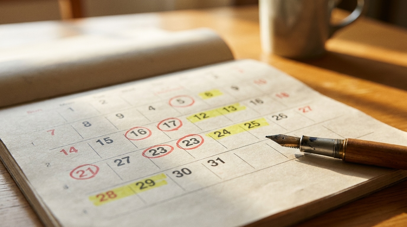 Calendrier mural avec plusieurs dates surlignées en couleur