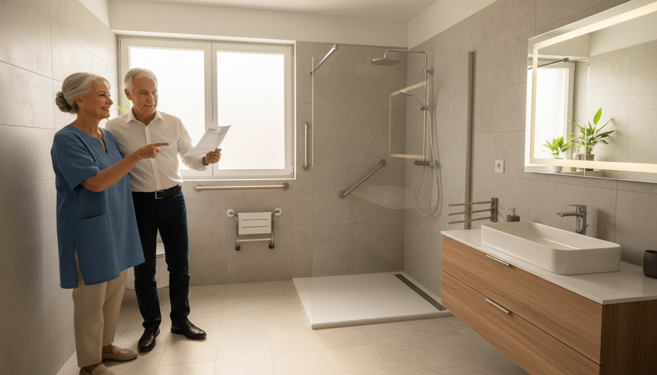 Couple de seniors devant leur douche sécurisée adaptée