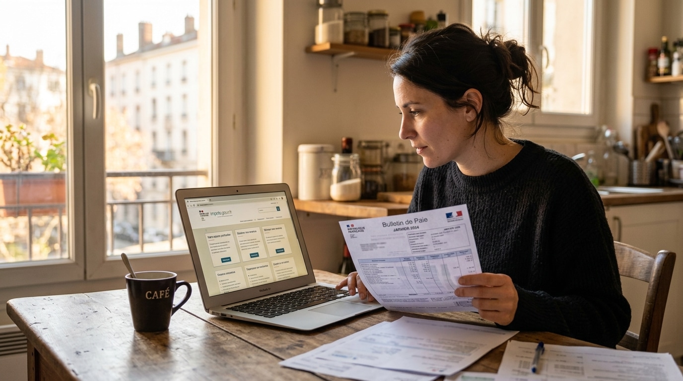 Salarié vérifiant sa déclaration d'impôts avec sa fiche de paie