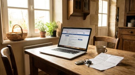 Ordinateur portable ouvert sur un site fiscal avec clés de voiture
