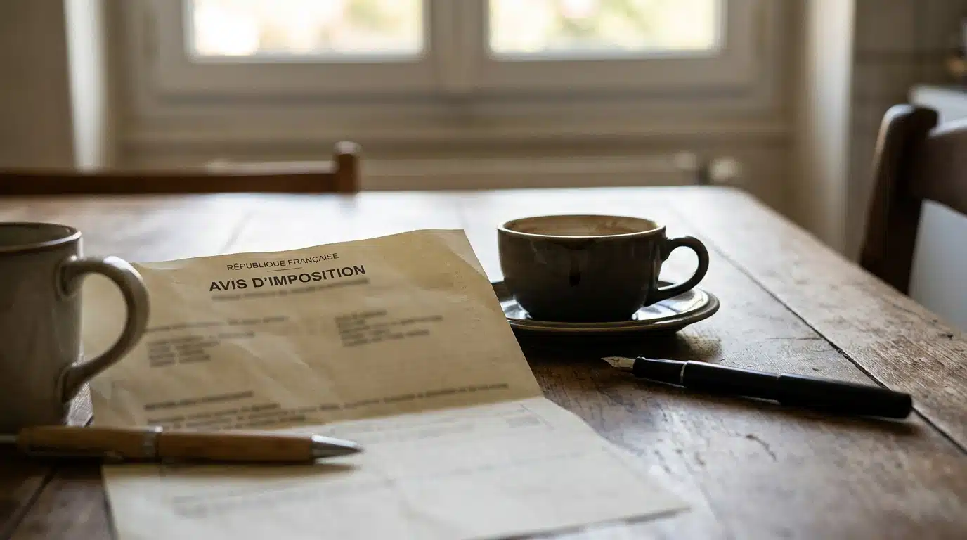 Avis d'imposition posé sur une table à côté d'un café