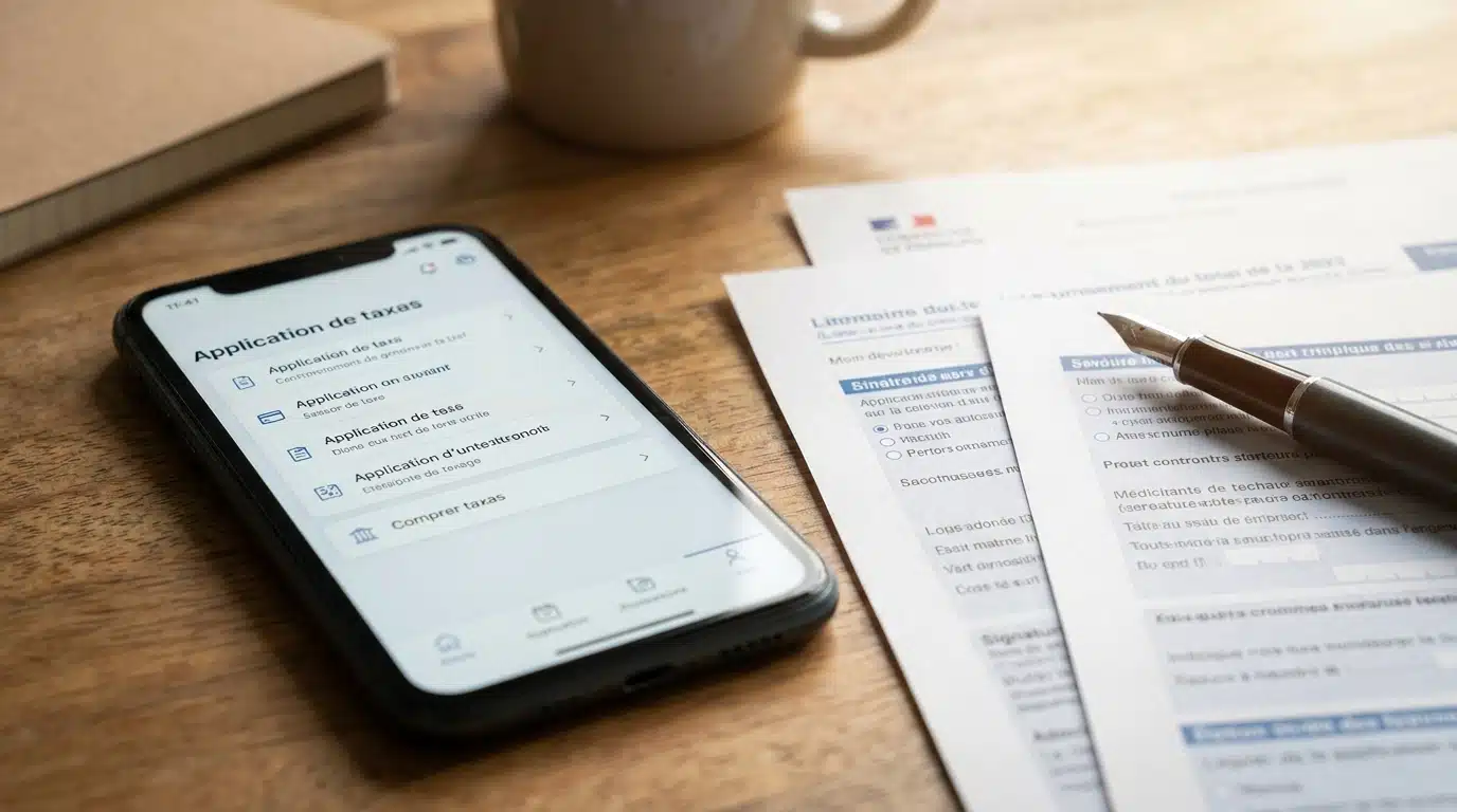 Smartphone posé sur un bureau à côté de documents fiscaux