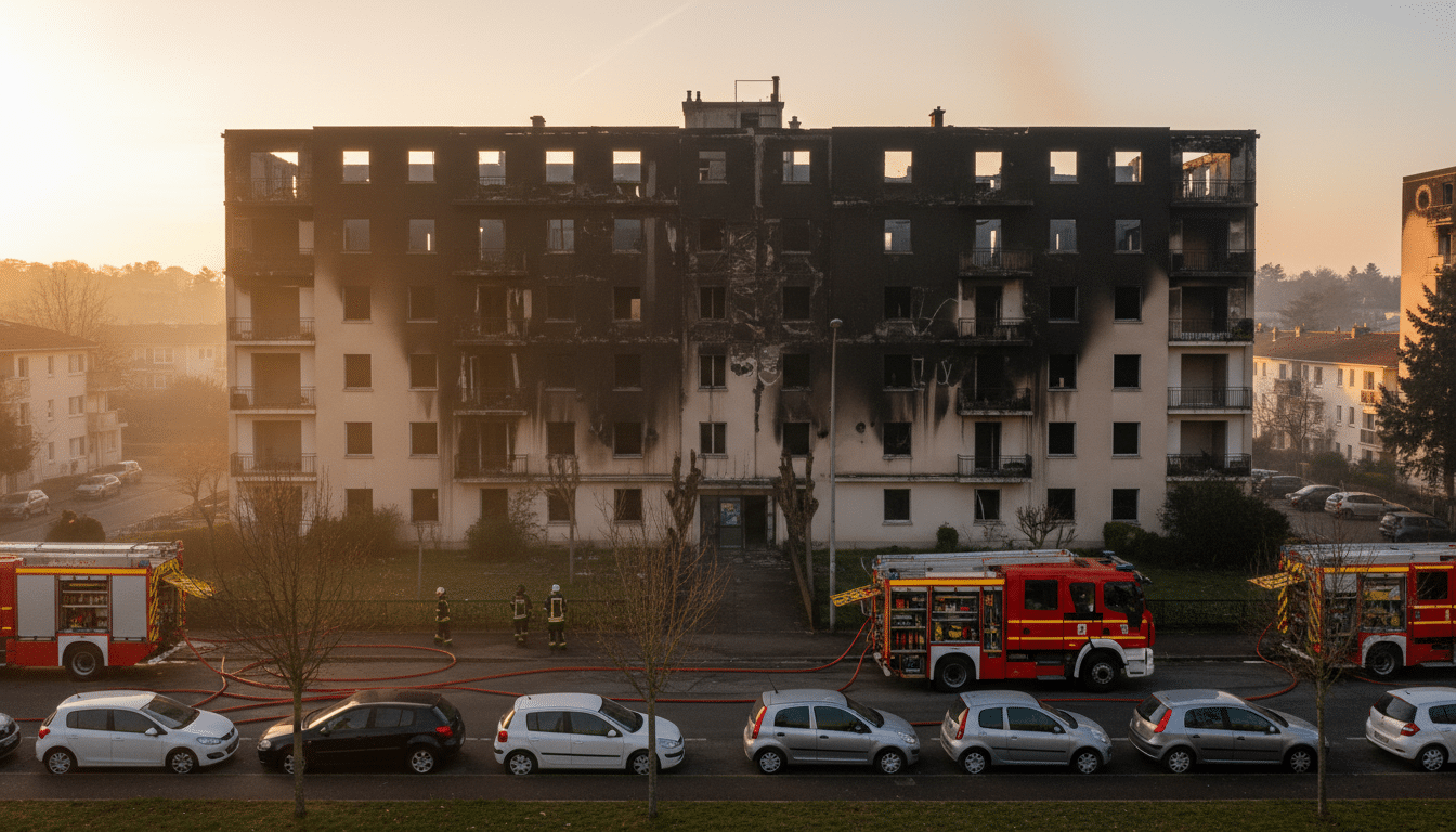 Façade noircie d'un immeuble après l'incendie à Décines