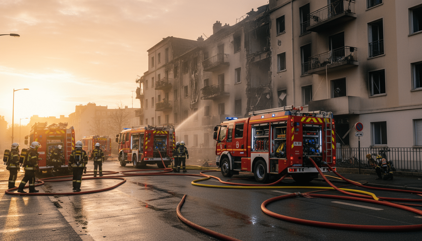 Pompiers intervenant sur l'incendie d'un immeuble à Décines