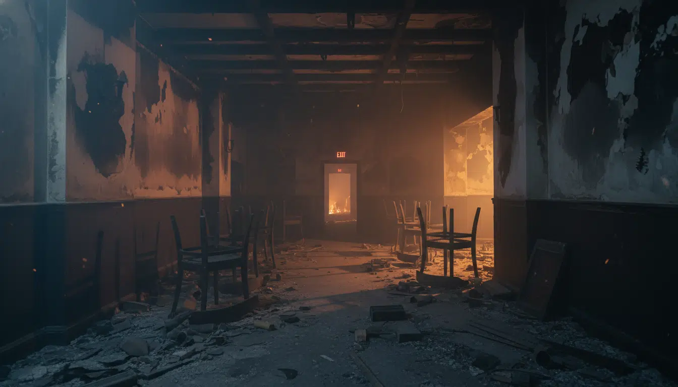 Intérieur d'un bar dévasté par un incendie