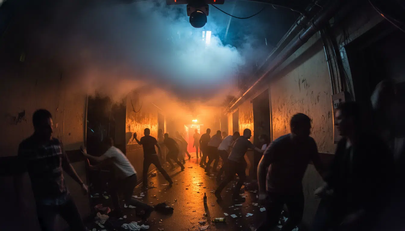 Couloir bondé d'une boîte de nuit lors d'une évacuation