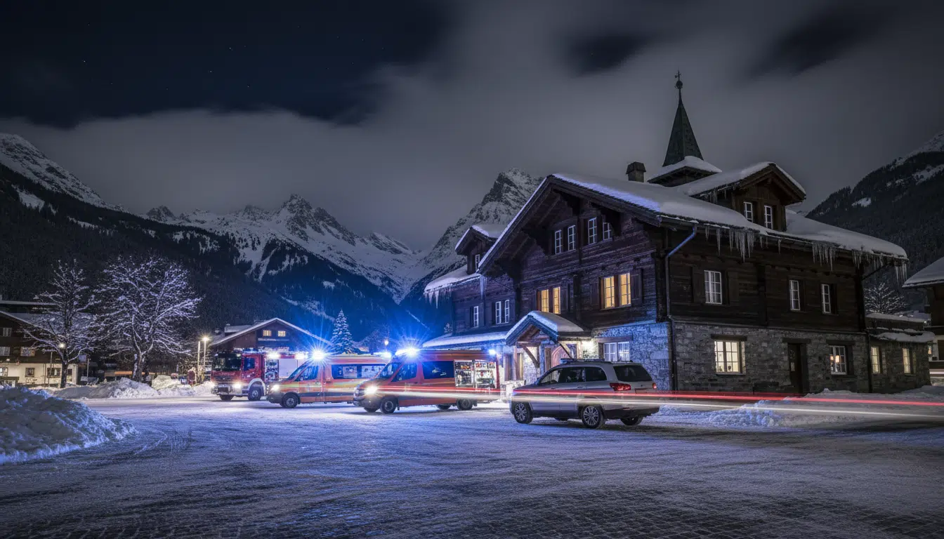 Bâtiment alpin enneigé entouré de véhicules de secours