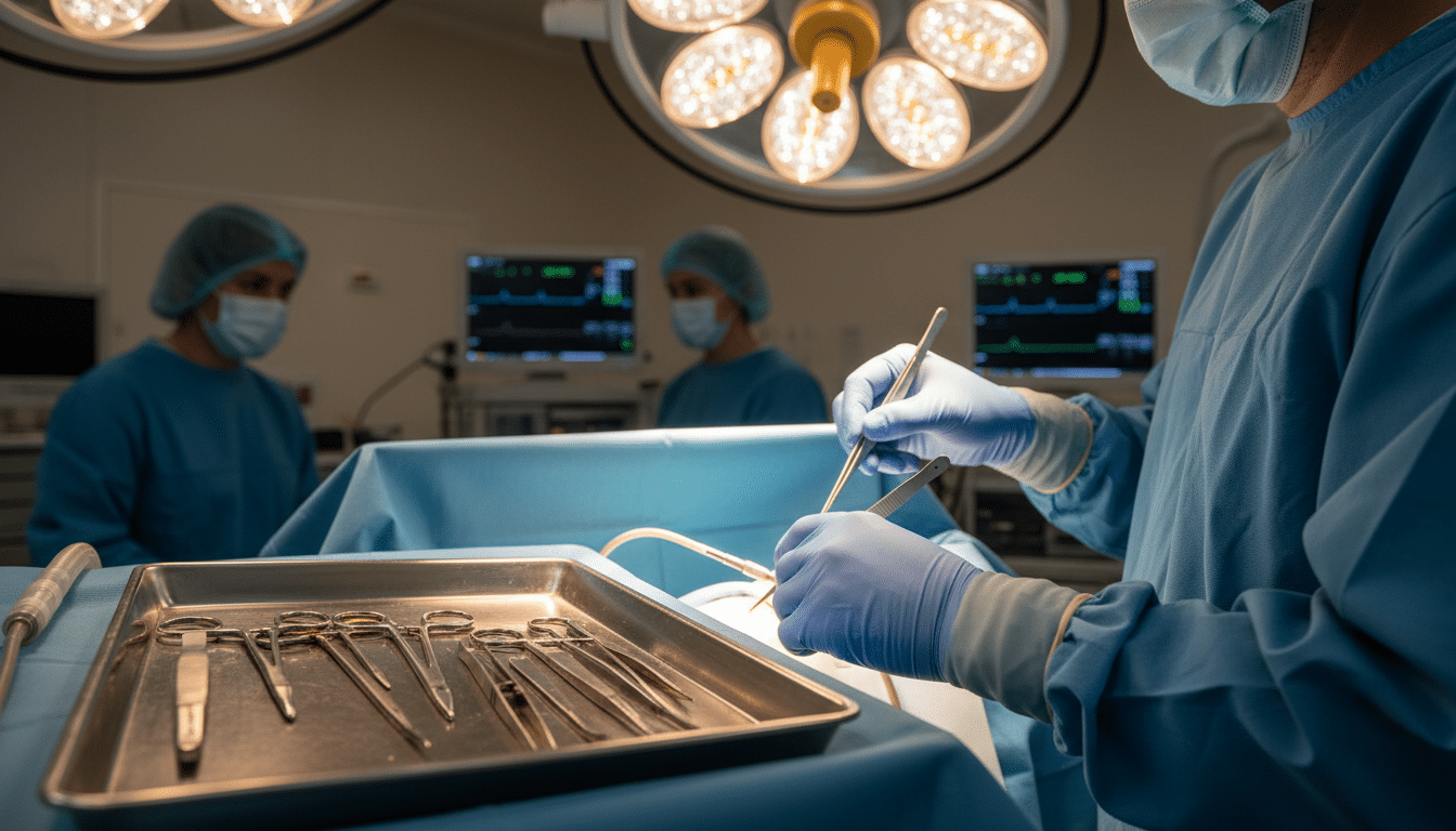 Mains de neurochirurgien en salle d'opération