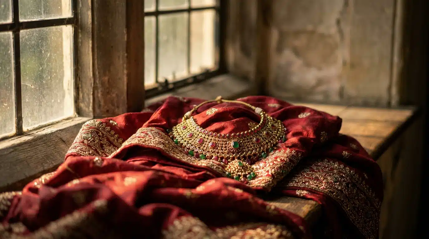 Chaîne en or posée sur un tissu de sari rouge