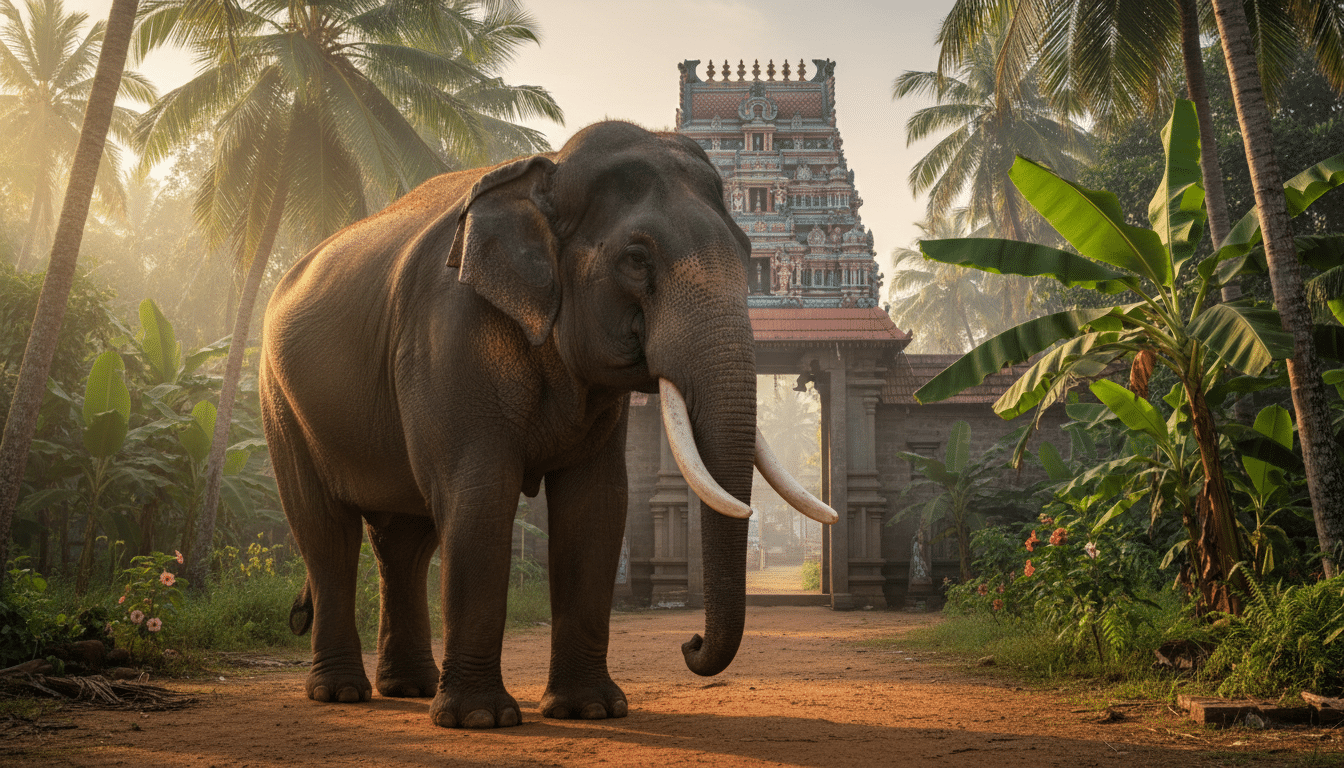 Éléphant d'Asie près d'un temple au Kerala