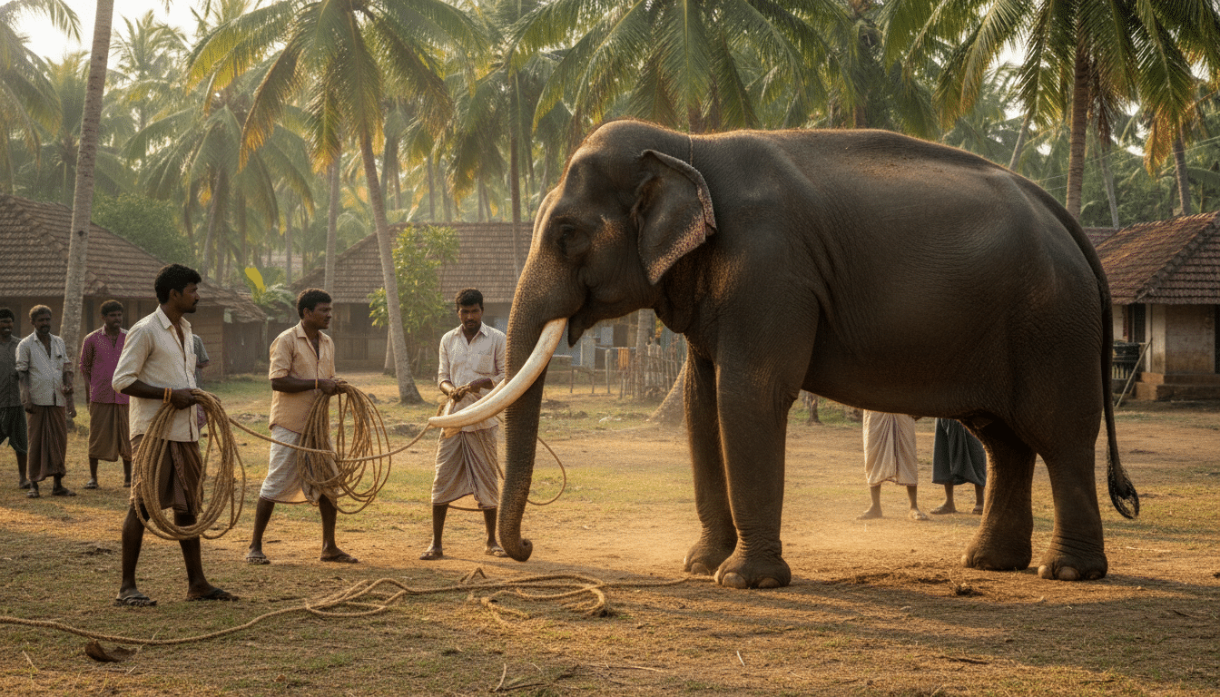 Équipe spécialisée tentant de maîtriser un éléphant au Kerala