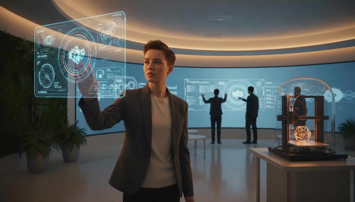 Individu utilisant une technologie futuriste en bibliothèque.