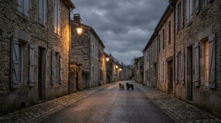 Rue de village rural avec chiens errants au crépuscule