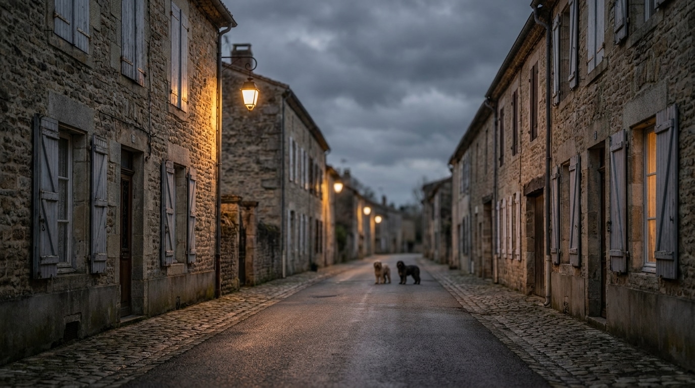 Rue de village rural avec chiens errants au crépuscule