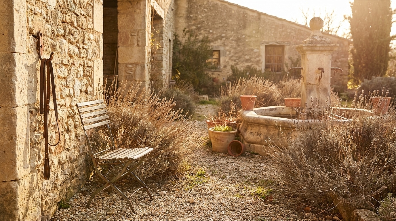 Cour de maison provençale vide avec laisse de chien abandonnée