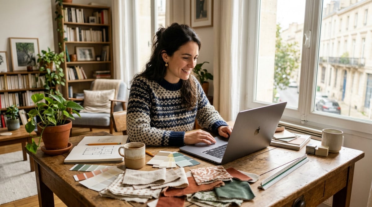 Inès architecte d'intérieur travaillant dans son appartement bordelais