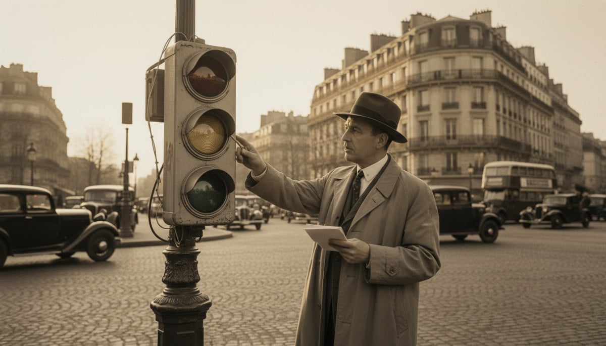 Ingénieur des années 1930 inspectant un feu de signalisation