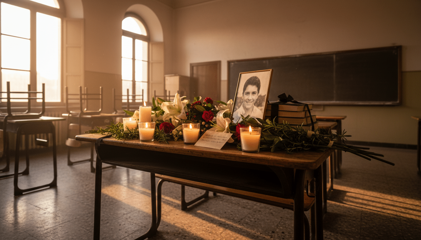 Bougies et fleurs en hommage à un élève disparu