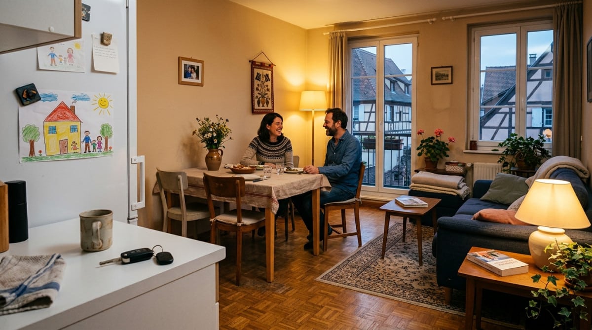 Intérieur d'un appartement familial modeste et chaleureux à Colmar