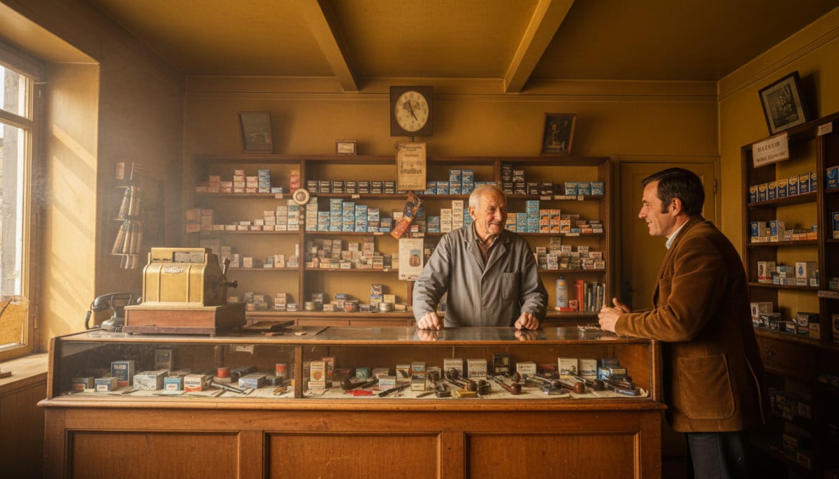 Intérieur d'un bureau de tabac français dans les années 1970
