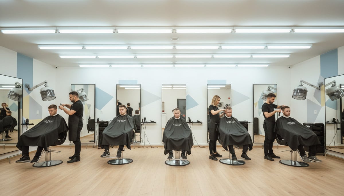 Intérieur d'un salon de coiffure low-cost avec plusieurs clients