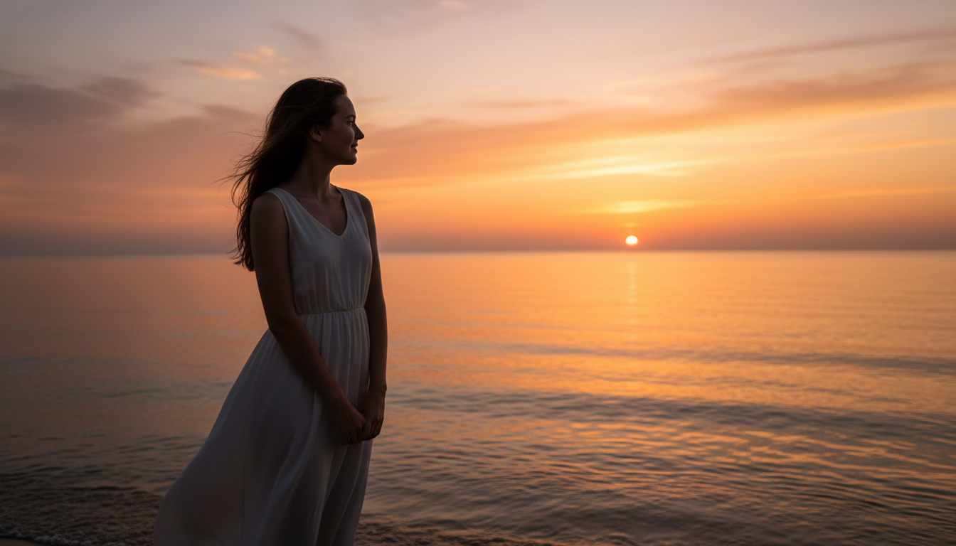 Personne contemplative sur une plage au crépuscule doré