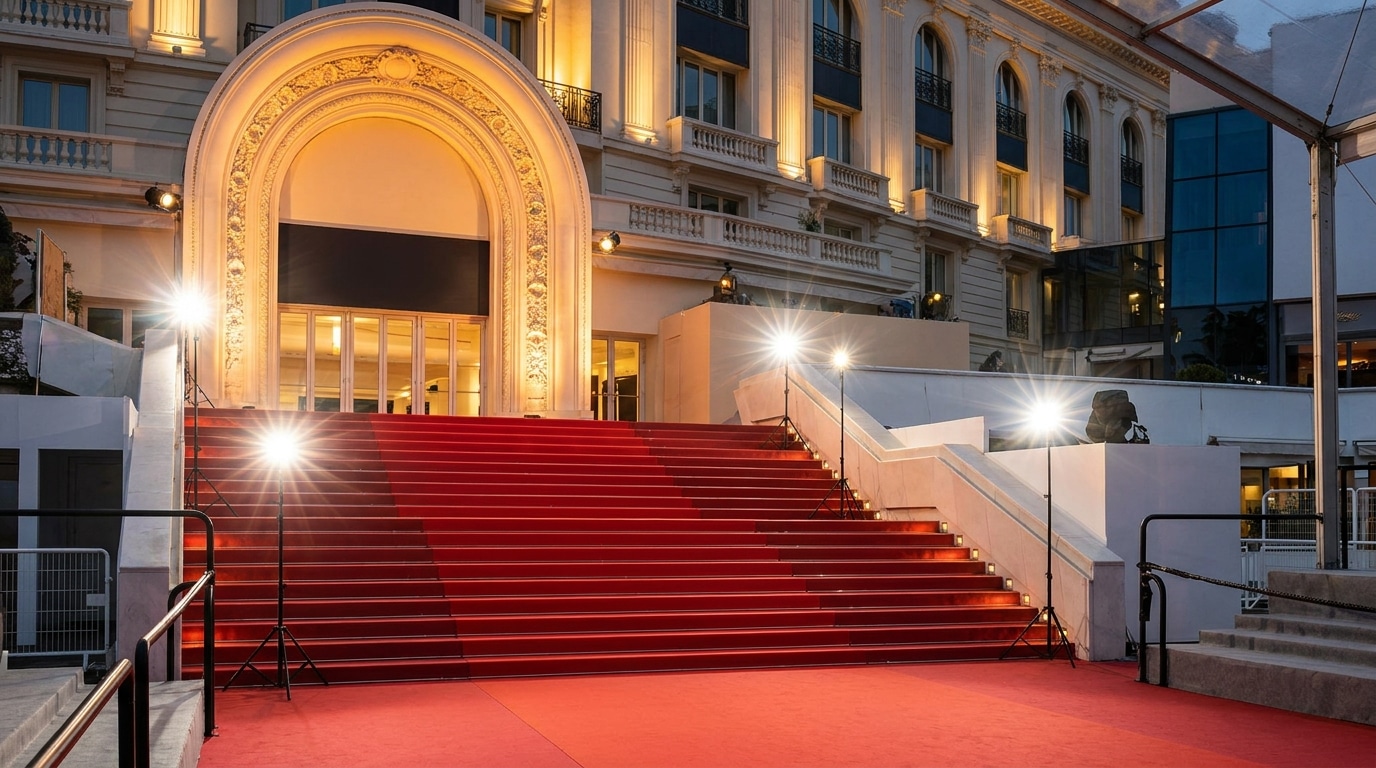 Escalier du tapis rouge du Festival de Cannes illuminé au crépuscule avec les flashs des photographes