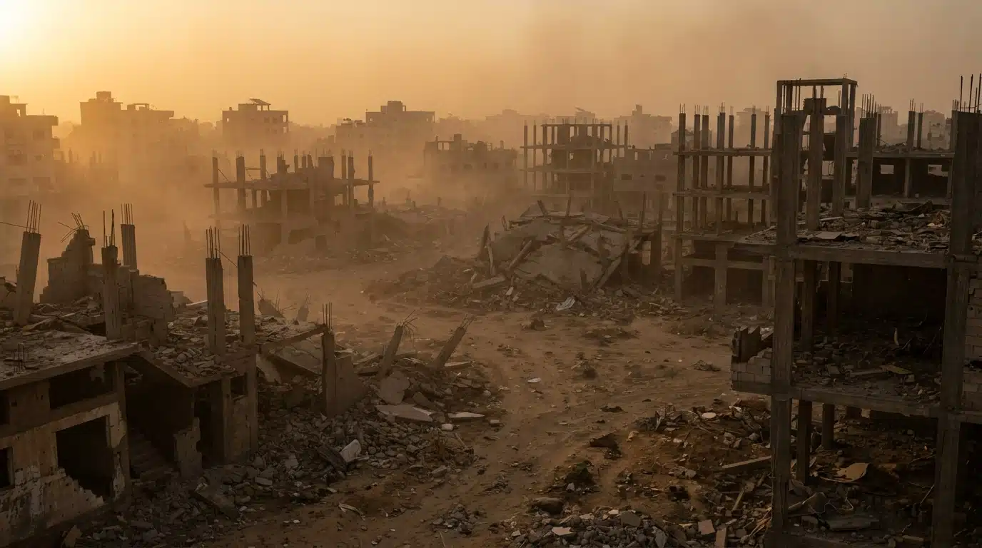 Paysage urbain dévasté à Gaza au crépuscule