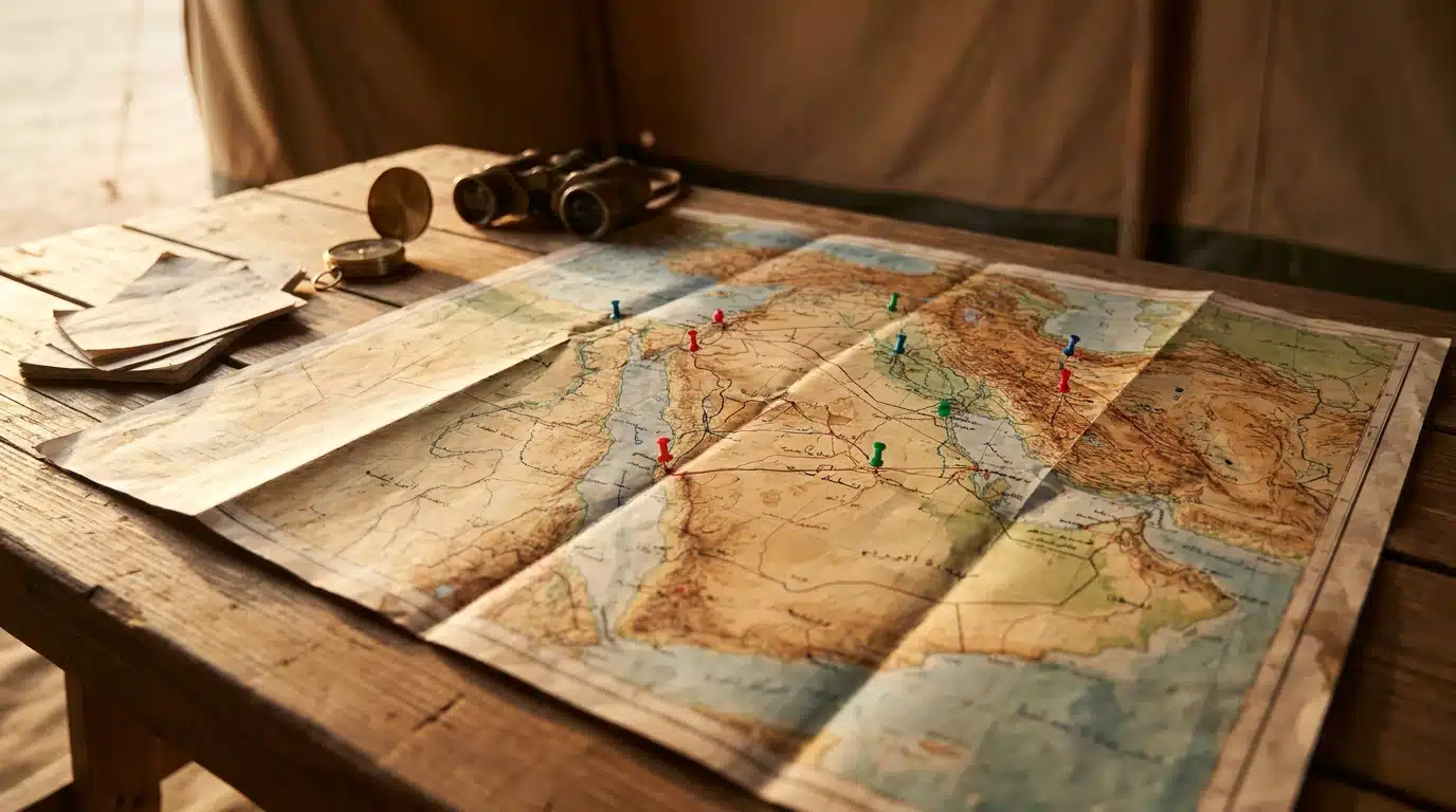 Carte stratégique militaire du Moyen-Orient sur une table