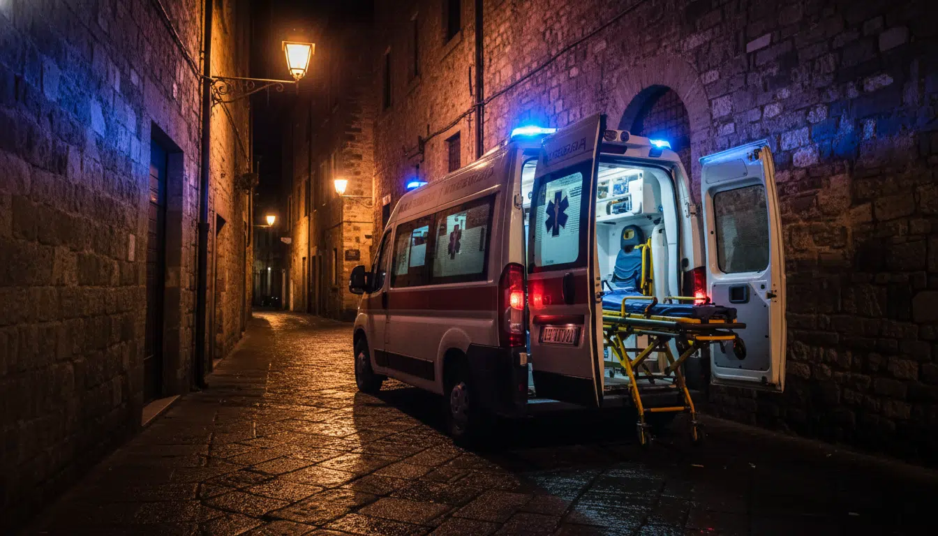Ambulance italienne garée dans une rue étroite de nuit