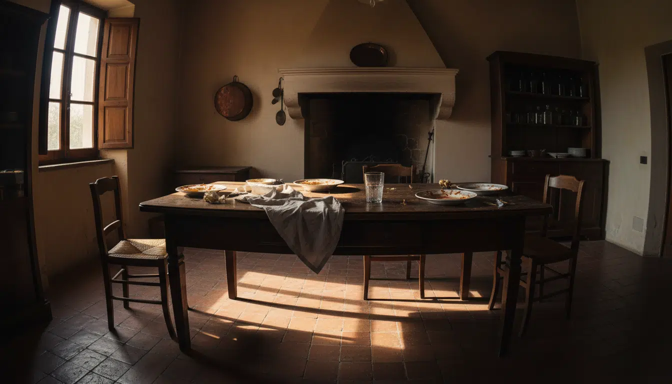 Cuisine italienne avec restes de repas sur une table en bois