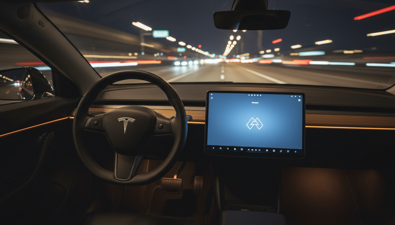 Intérieur Tesla avec alerte Autopilot au volant