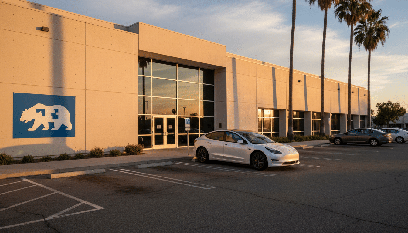 Tesla garée devant un bâtiment administratif californien