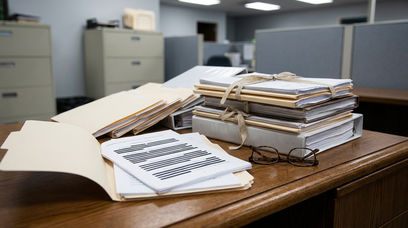 Dossiers judiciaires empilés sur un bureau en bois sombre
