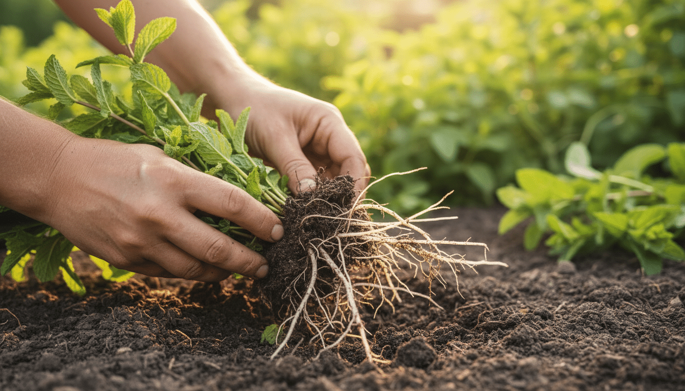 Mains arrachant de la menthe révélant des rhizomes souterrains