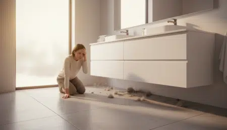 Meuble suspendu de salle de bain avec poussière sous le caisson