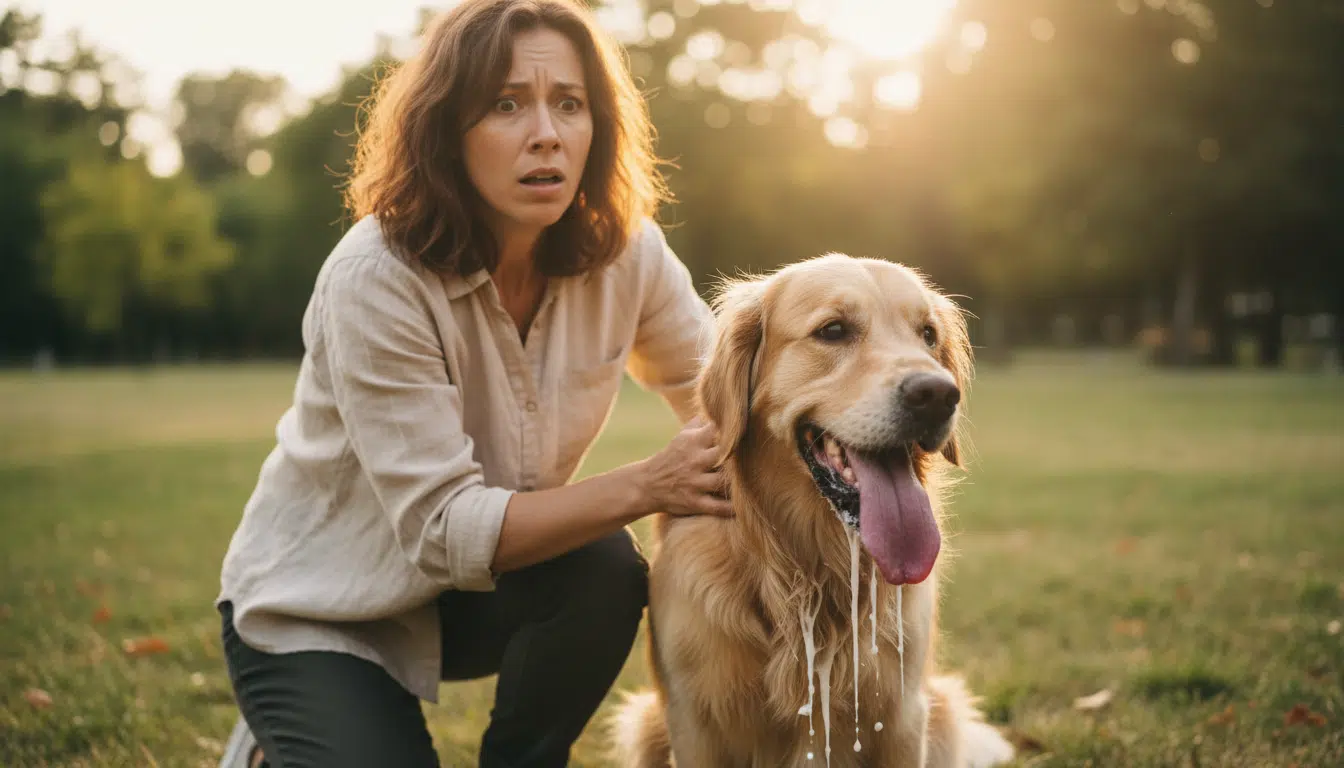 Propriétaire inquiet près de son chien qui bave après contact chenille