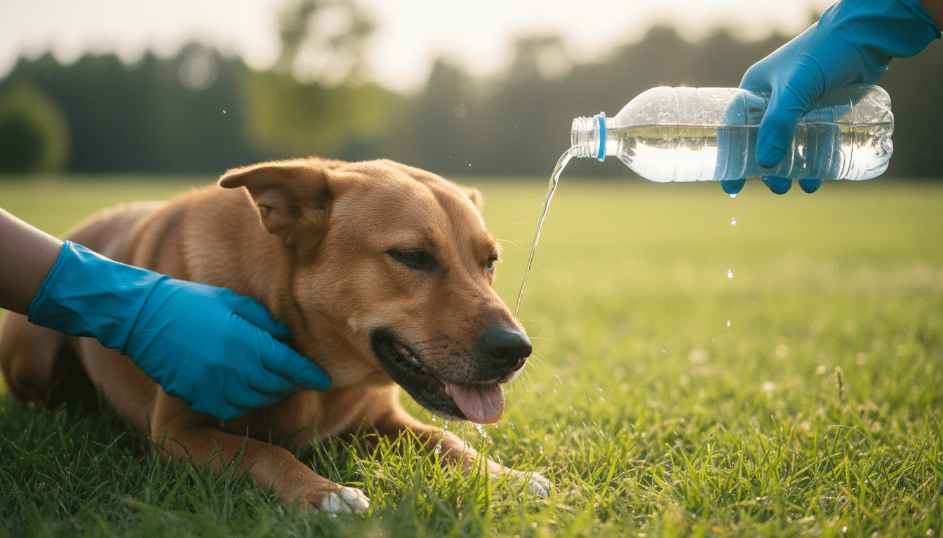 Rinçage de la gueule d'un chien avec de l'eau et des gants