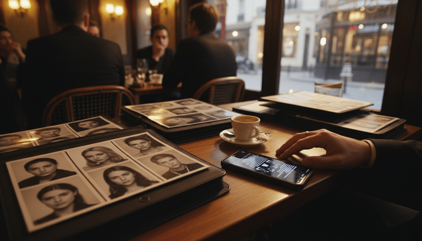 Dossiers d'agence de mannequins posés sur une table parisienne