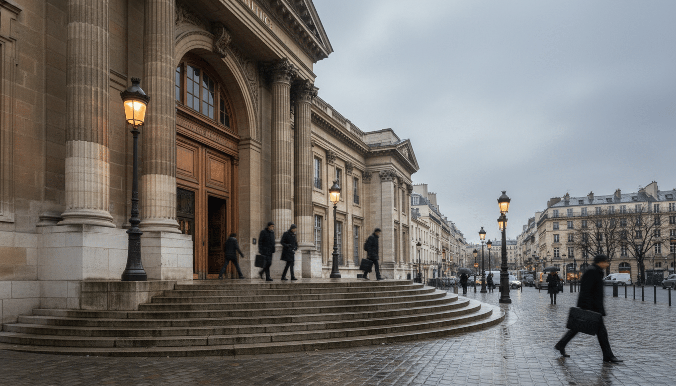 Entrée d'un palais de justice français un matin gris