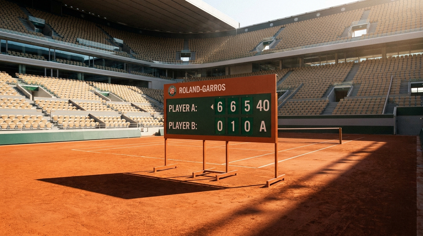 Tableau de score sur court en terre battue sous un soleil intense à Roland-Garros