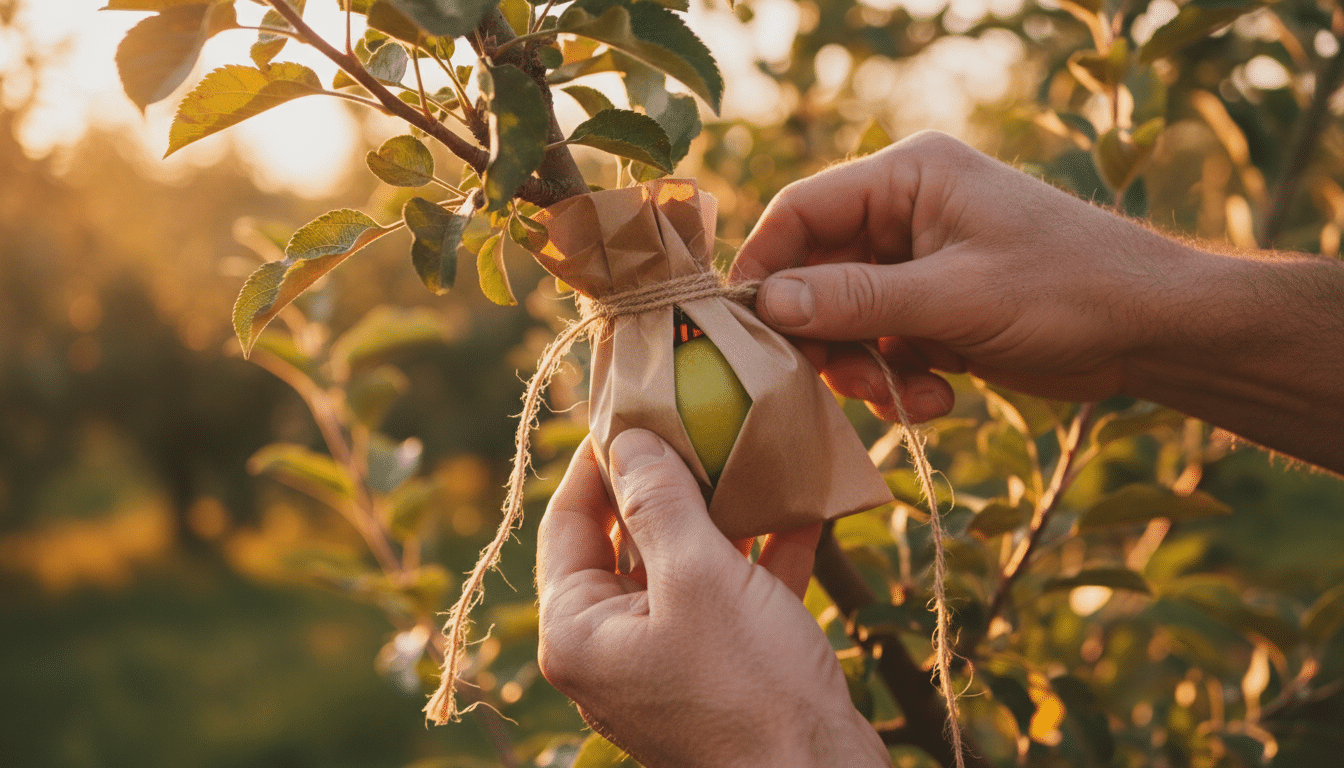 Ensachage d'une pomme verte avec un sachet kraft