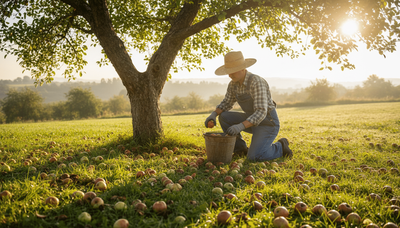 Ramassage de fruits tombés au pied d'un arbre fruitier