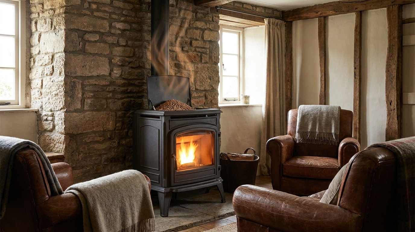 Poêle à granulés sans électricité dans une maison de campagne
