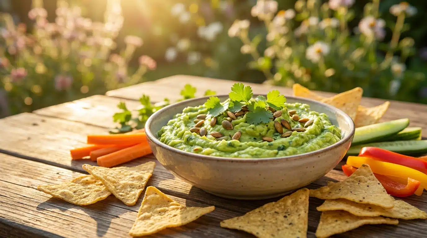 Bol de guacamole de courgette avec nachos et crudités sur table en bois