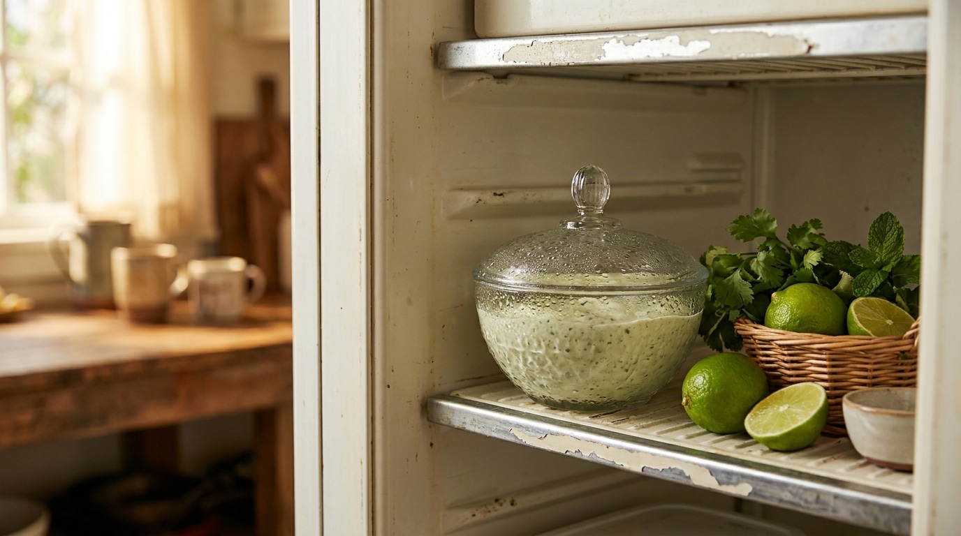 Bol de dip vert au repos dans un réfrigérateur avec citrons verts