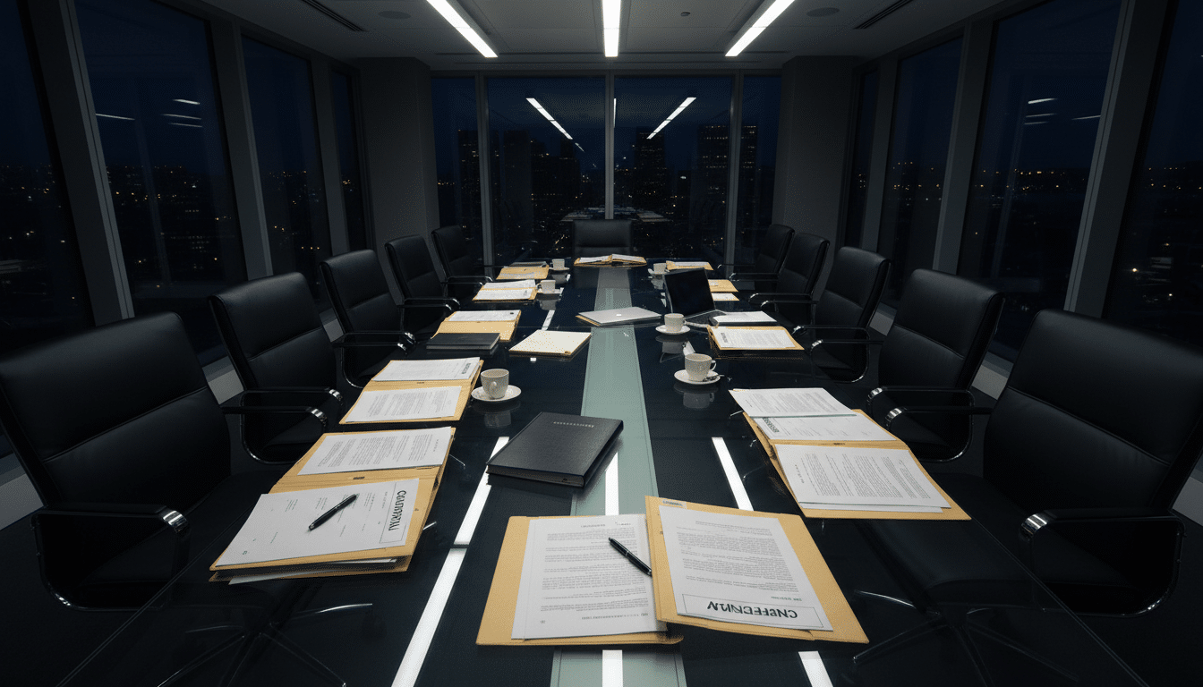 Salle de conseil d'administration avec documents confidentiels