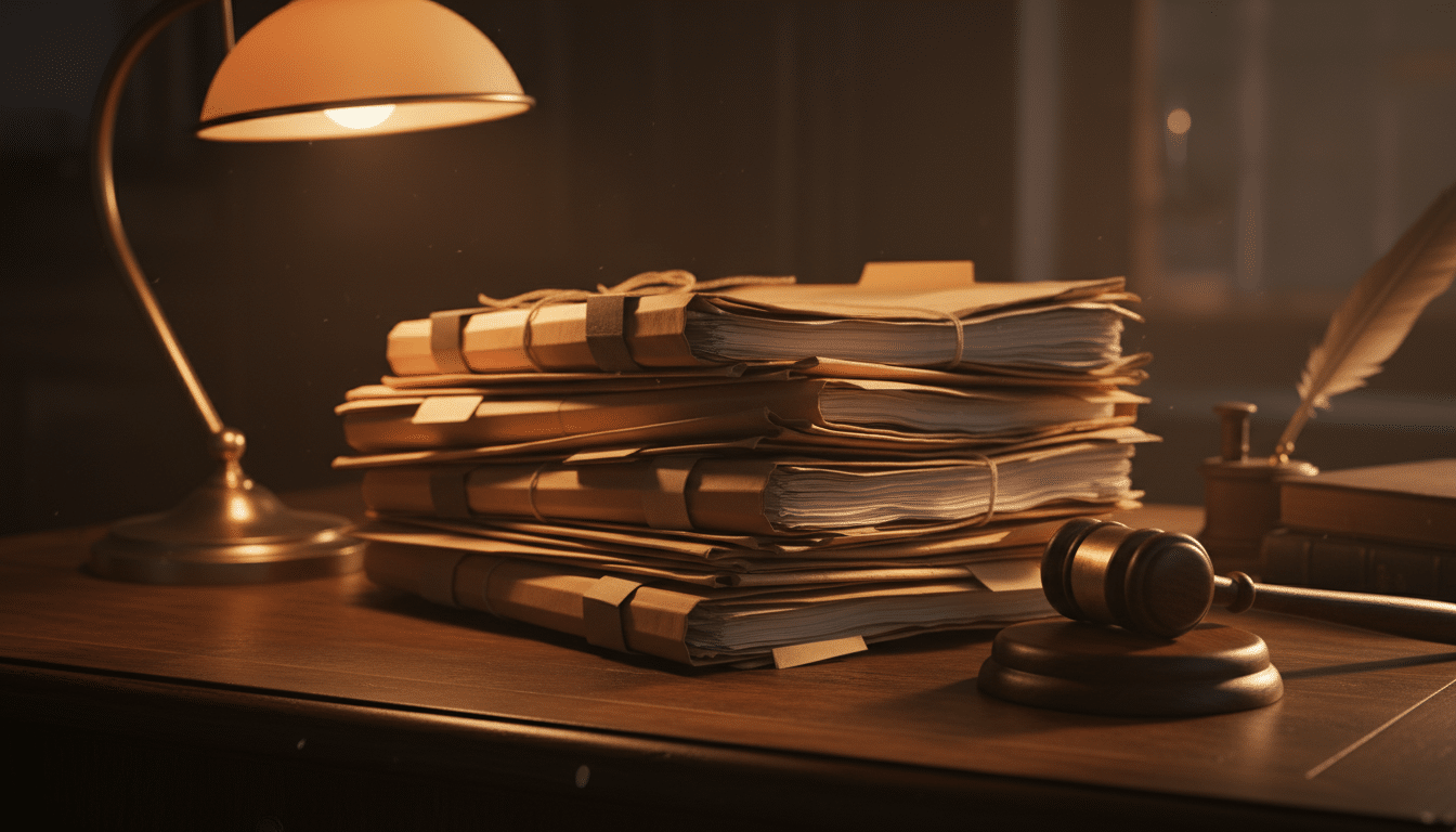 Documents juridiques et marteau de justice sur un bureau, ambiance feutrée et dramatique